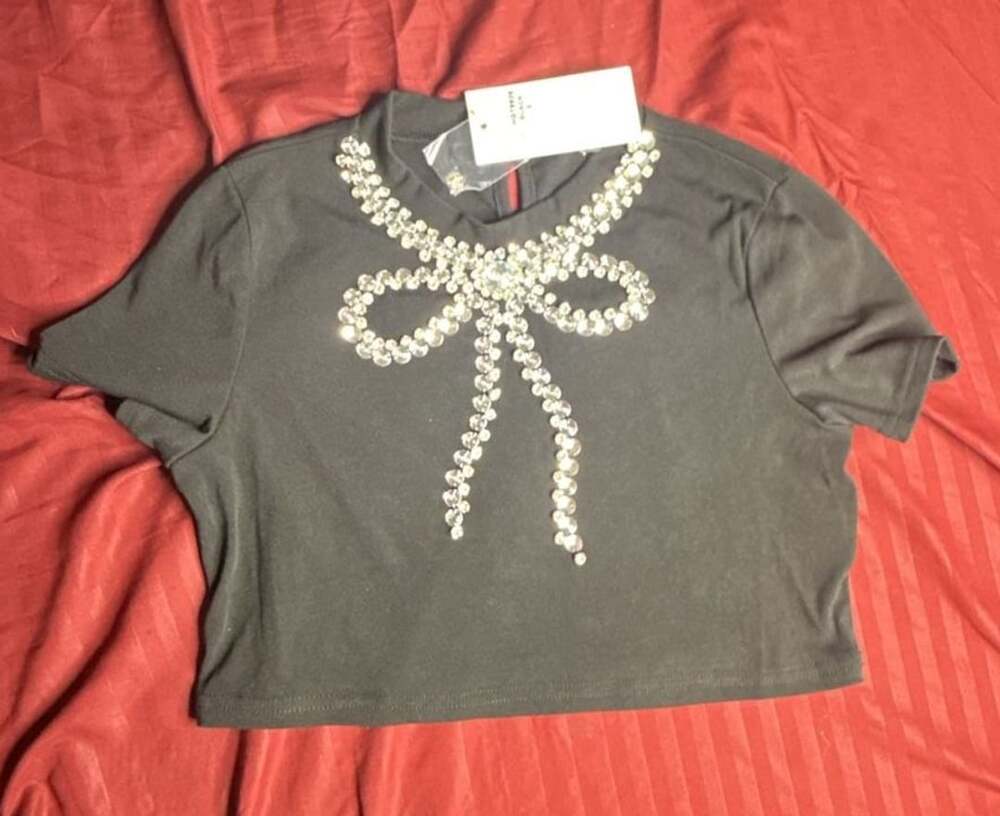 Hot & Delicious Rhinestone Bow Crop Top Size S Black Short Sleeve